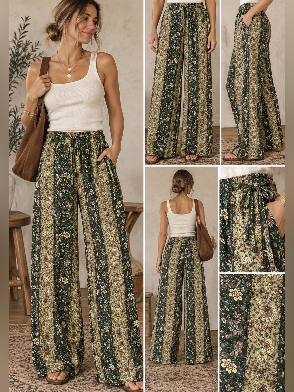 easel Green Floral Stripe Wide-Leg Pants